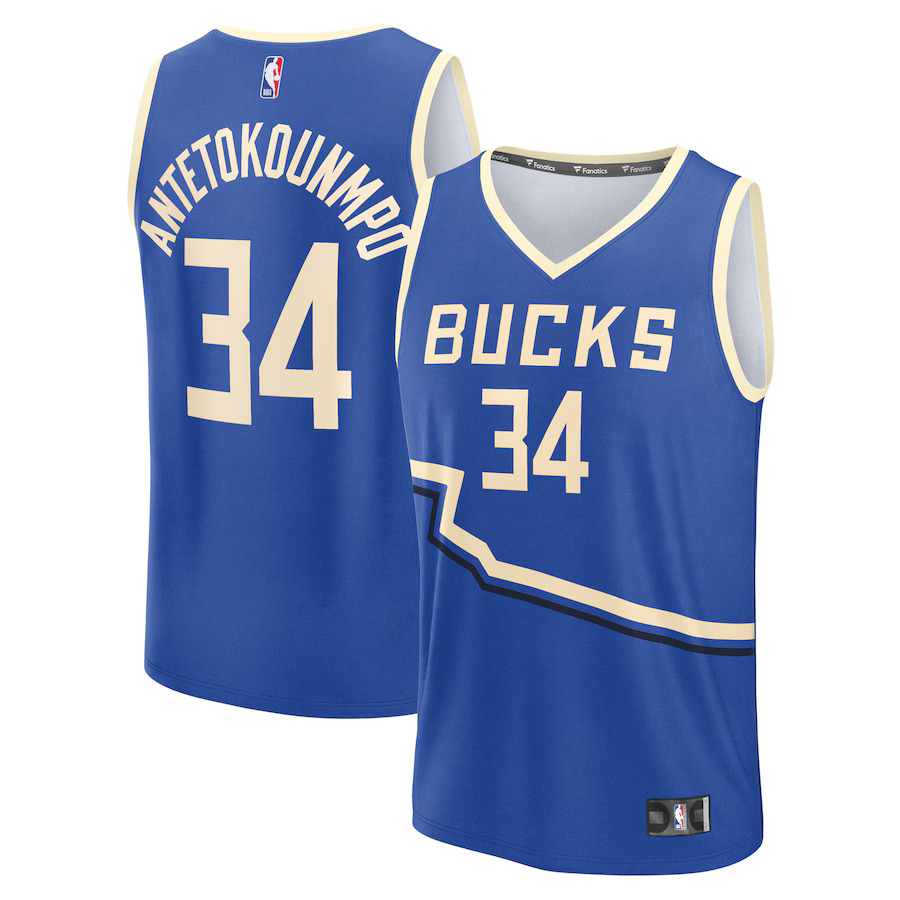 Men Milwaukee Bucks 34 Giannis Antetokounmpo Fanatics Royal City Edition 2024-25 Fast Break Player NBA Jersey